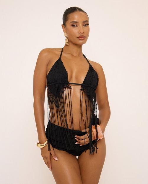 Halterneck Ruffle Fringe Detail Bralet In Black
