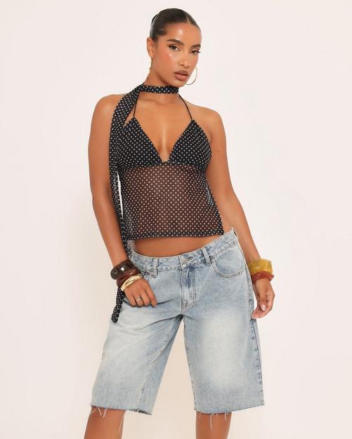 Plunge Front Scarf Neck Detail Top In Black Polka Dot Mesh
