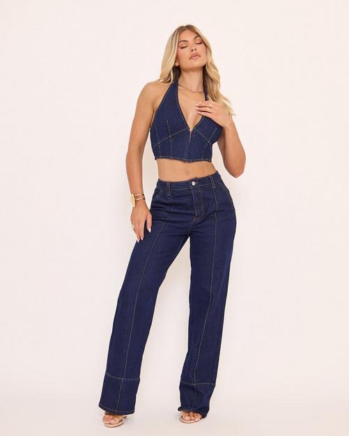 Plunge Halterneck Hook And Eye Detail Corset Top In Indigo Blue Denim