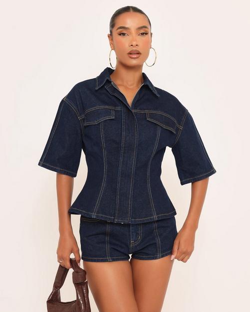 Short Sleeve Cinched Waist Detail Collared Top In Indigo Blue Denim