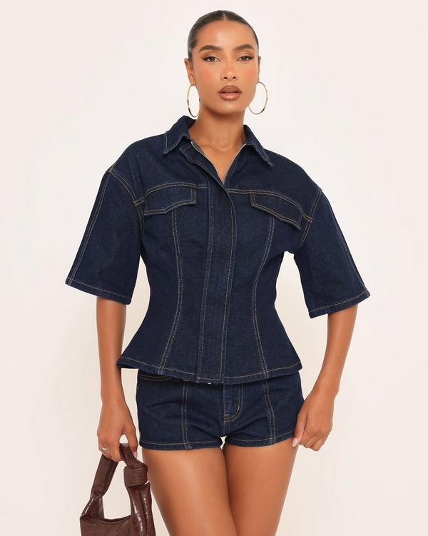 Short Sleeve Cinched Waist Detail Collared Top In Indigo Blue Denim