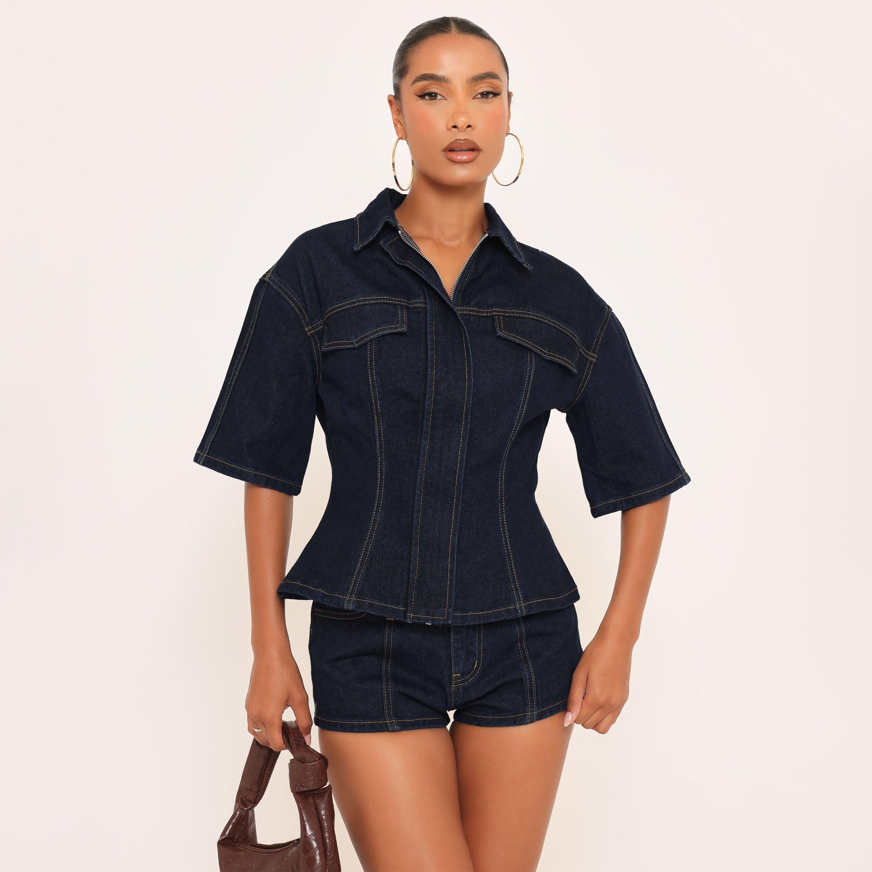 Image of Short Sleeve Cinched Waist Detail Collared Top In Indigo Denim, Women's