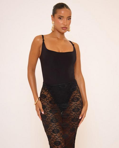 Scoop Neck Knot Strap Detail Bodysuit In Black