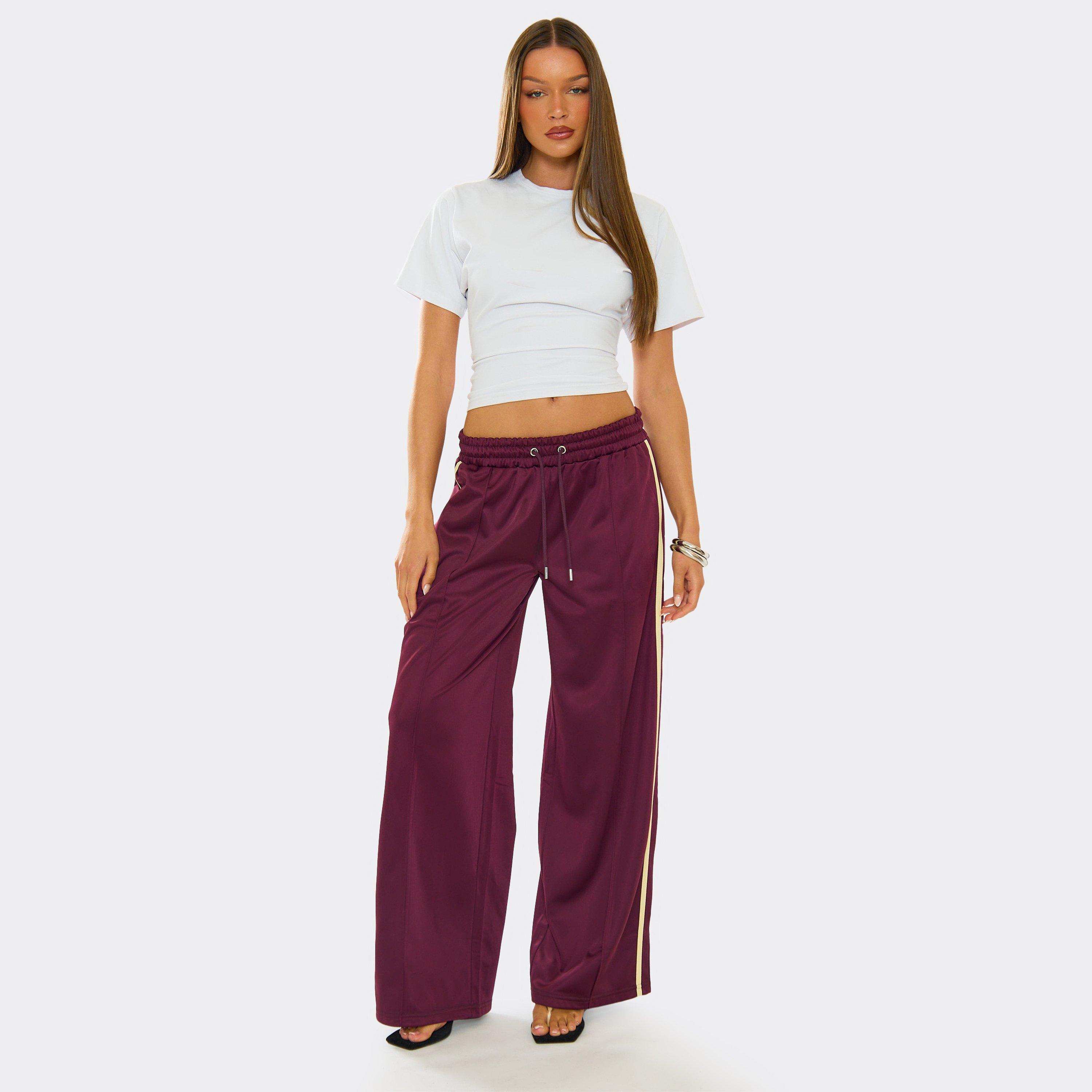 Elastic Waist Contrast Side Stripe Detail Joggers In Plum, Women's Size UK 6