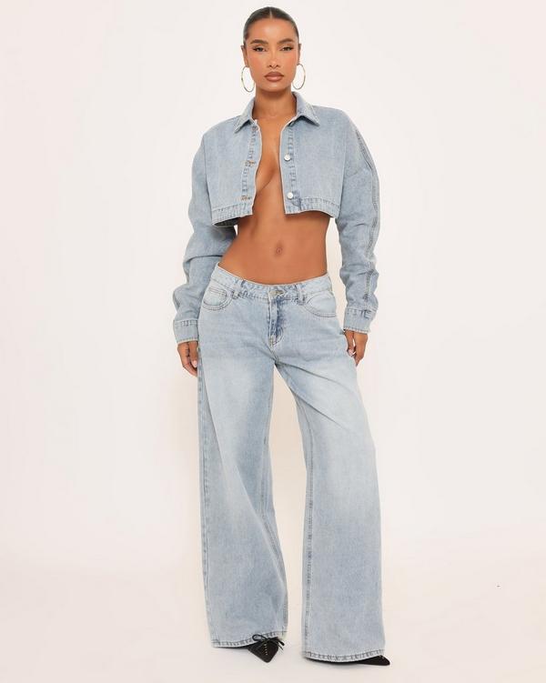 Low Rise Wide Leg Jeans In Light Blue Denim
