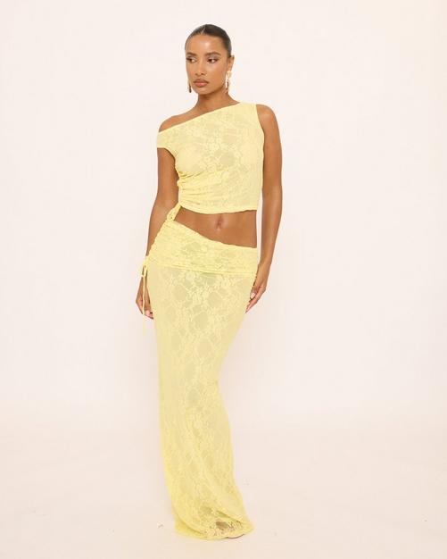 Foldover Ruched Waist Maxi Skirt In Yellow Lace