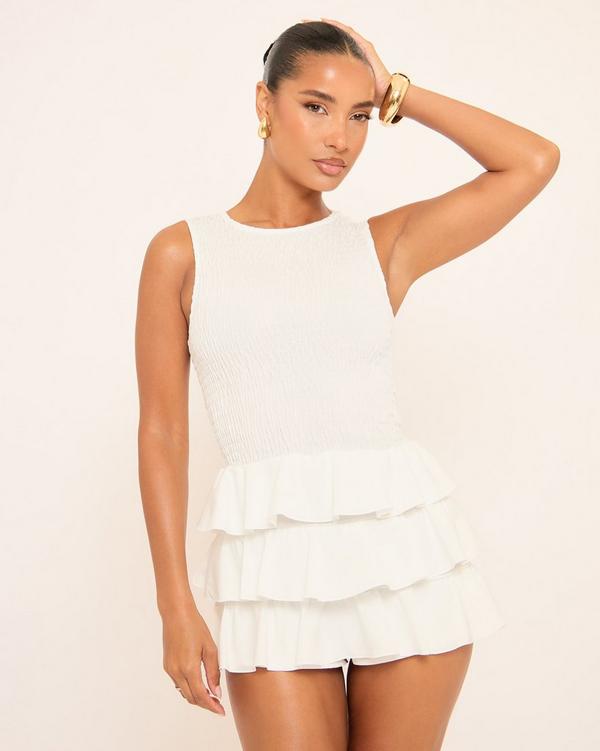 Sleeveless Shirred Layered Frill Detail Playsuit In White