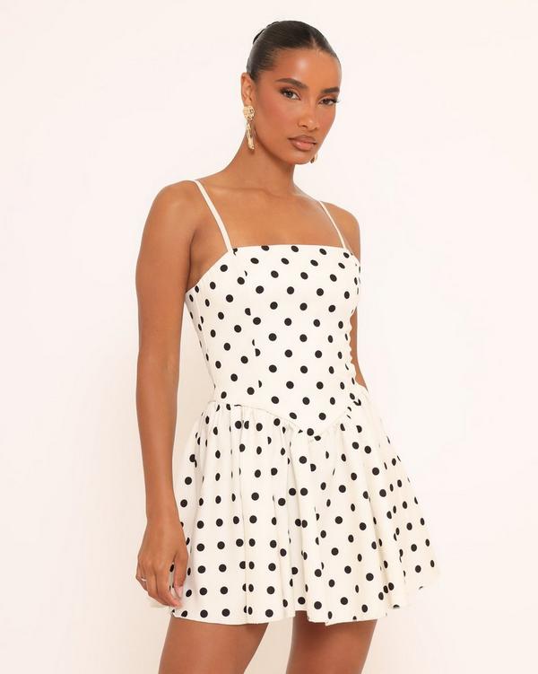 Square Neck Dropped Hem Detail Mini Dress In Cream Polka Dot