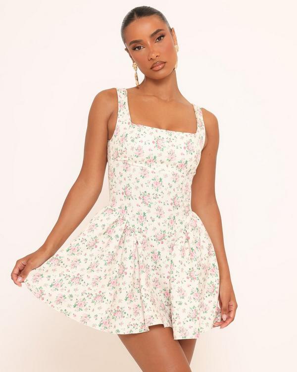 Square Neck Dropped Hem Detail Mini Dress In Pink Floral Print