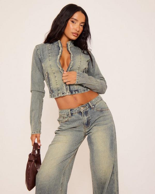 High Neck Frayed Hem Detail Fitted Jacket In Vintage Blue Denim