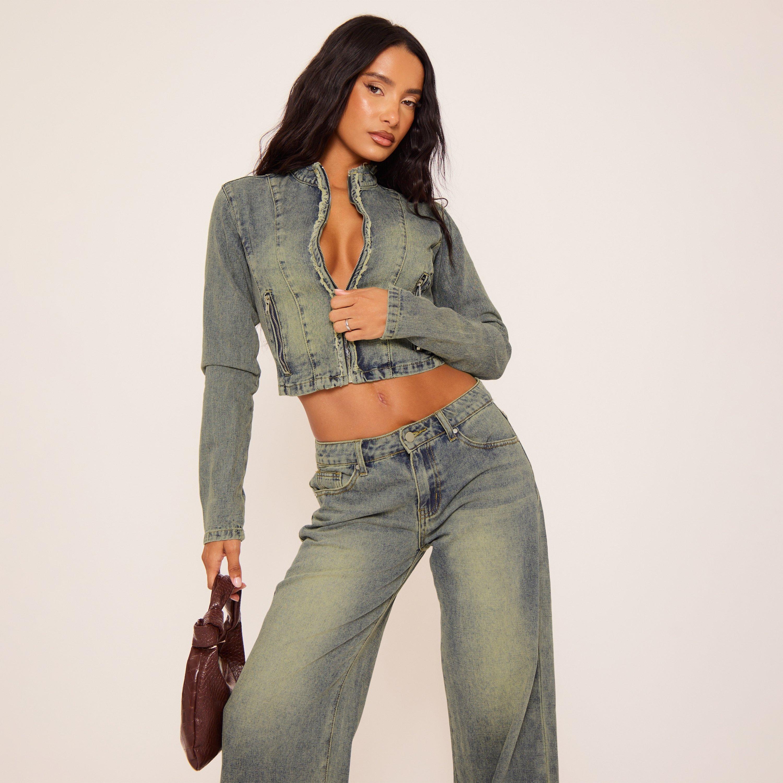 High Neck Frayed Hem Detail Fitted Cropped Jacket In Vintage Blue Denim, Women's Size UK 10