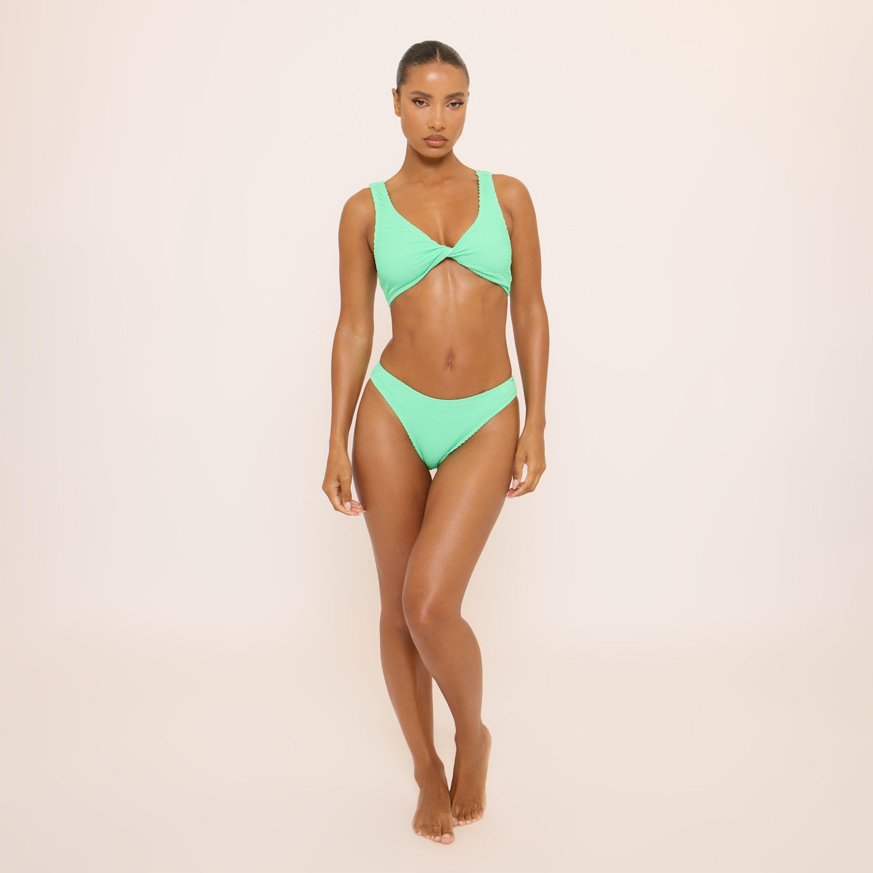 High Leg Crinkle Detail Brazilian Bikini Bottoms In Green, Women's Size UK 6