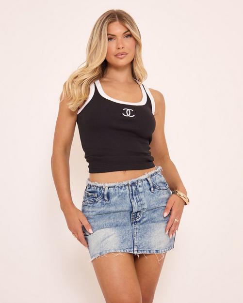 Scoop Neck Contrast Trim Logo Detail Vest Top In Black