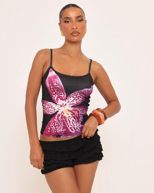 Strappy Cami Top In Black Floral Print