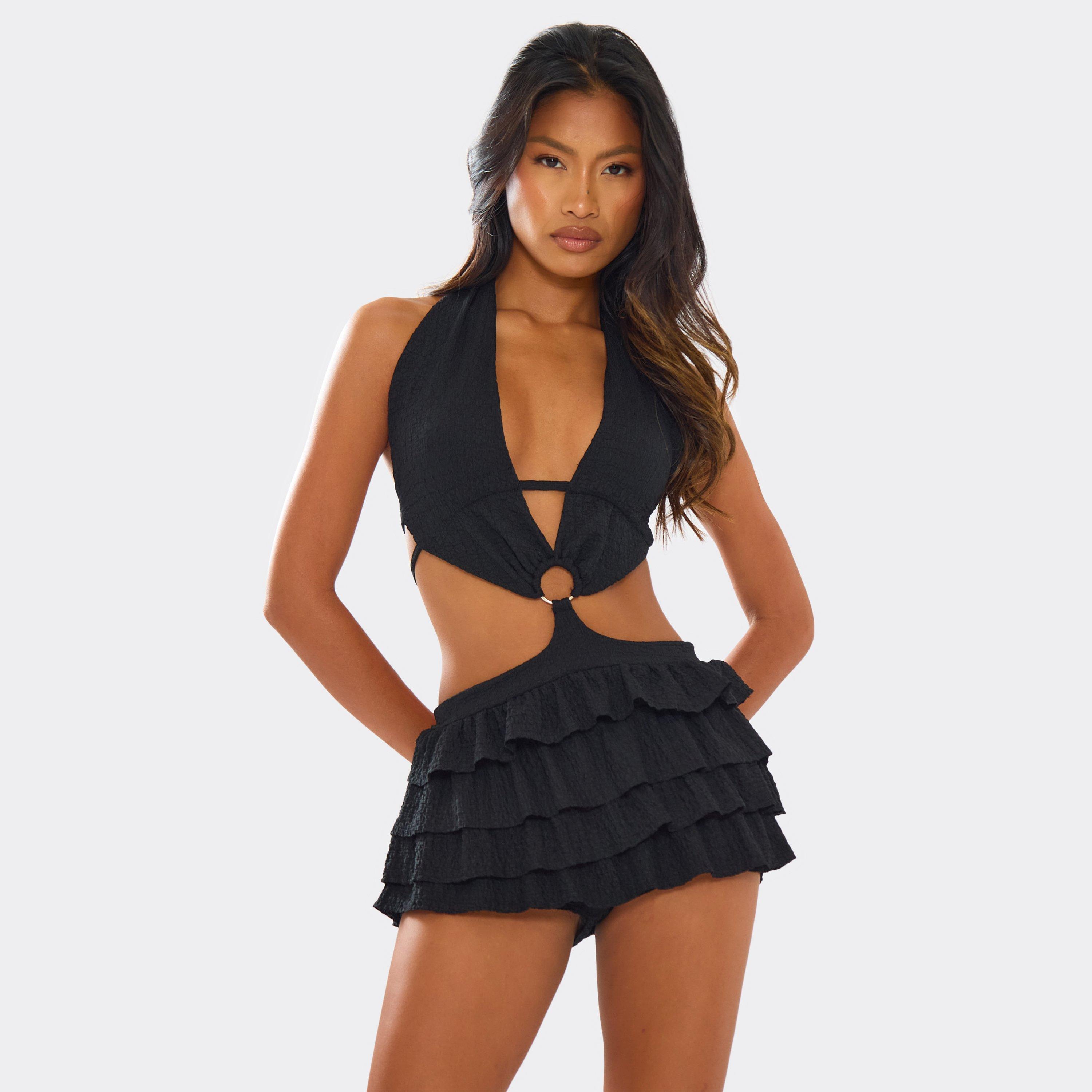Image of Halterneck Ring Detail Cut Out Playsuit In Black Texture, Women's