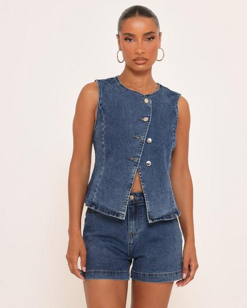 Sleeveless Button Front Detail Fitted Top In Dark Blue Denim