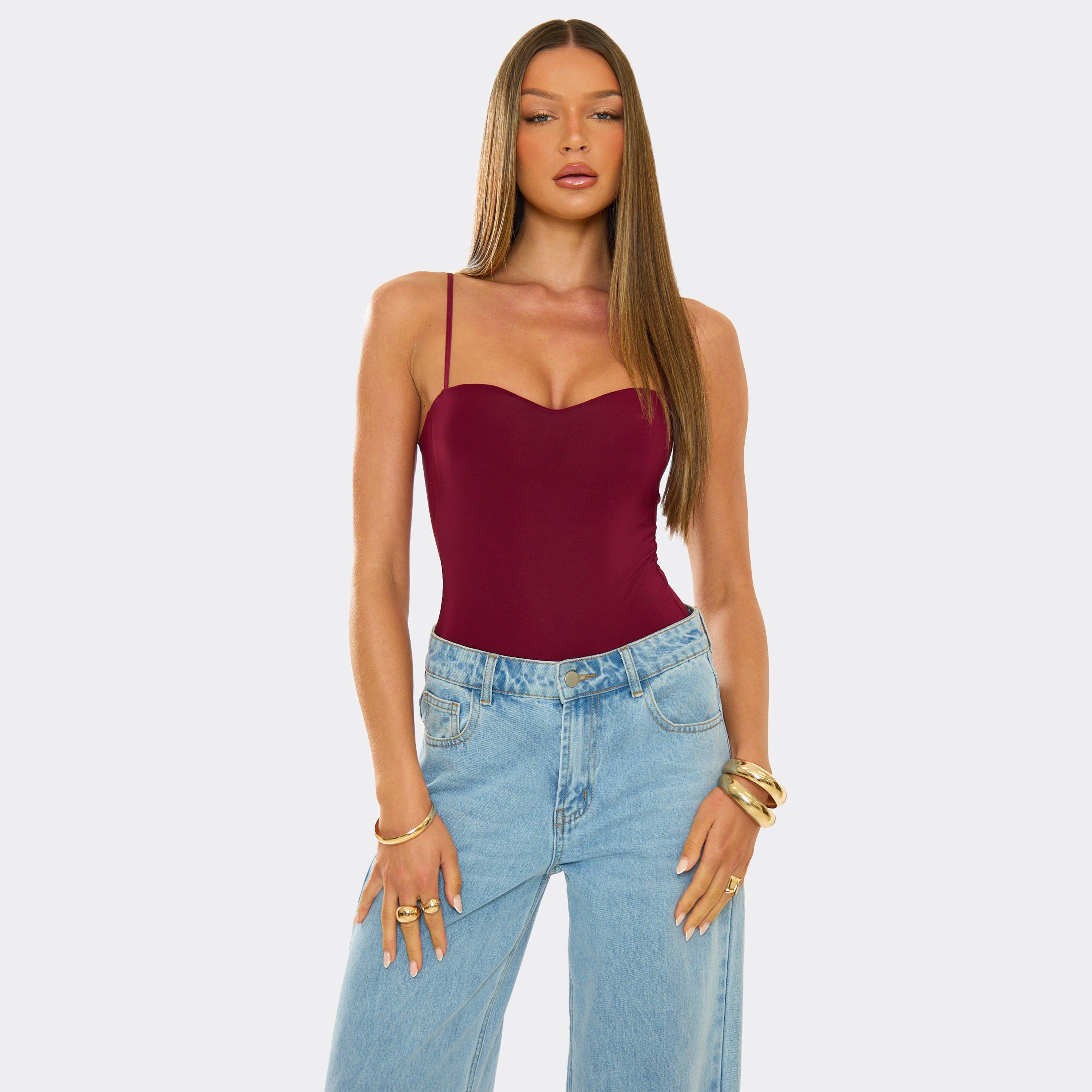 Sweetheart Neck Strappy Bodysuit In Burgundy, Women’s