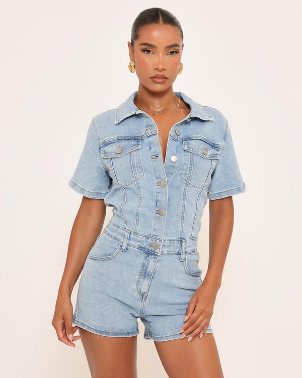 Short Sleeve Collar Detail Button Down Playsuit In Light Blue Wash Denim