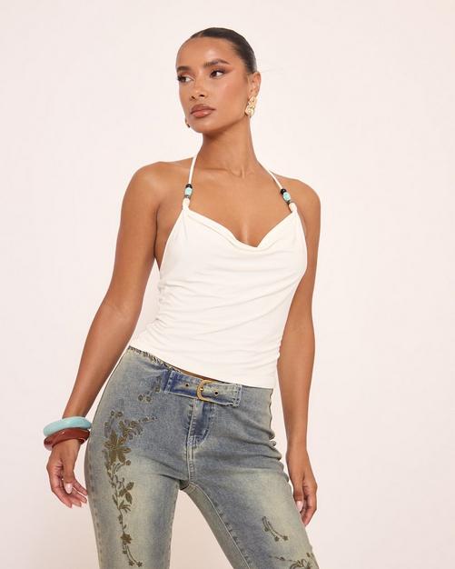 Cowl Halterneck Bead Trim Detail Top In White
