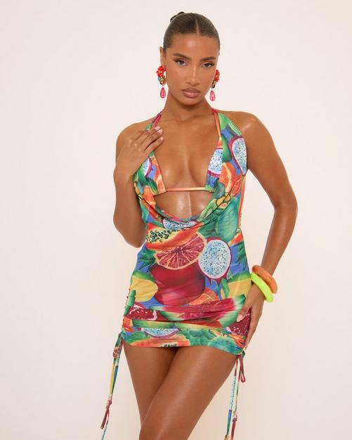 Cowl Neck Ruched Beach Mini Dress In Multi Fruit Print