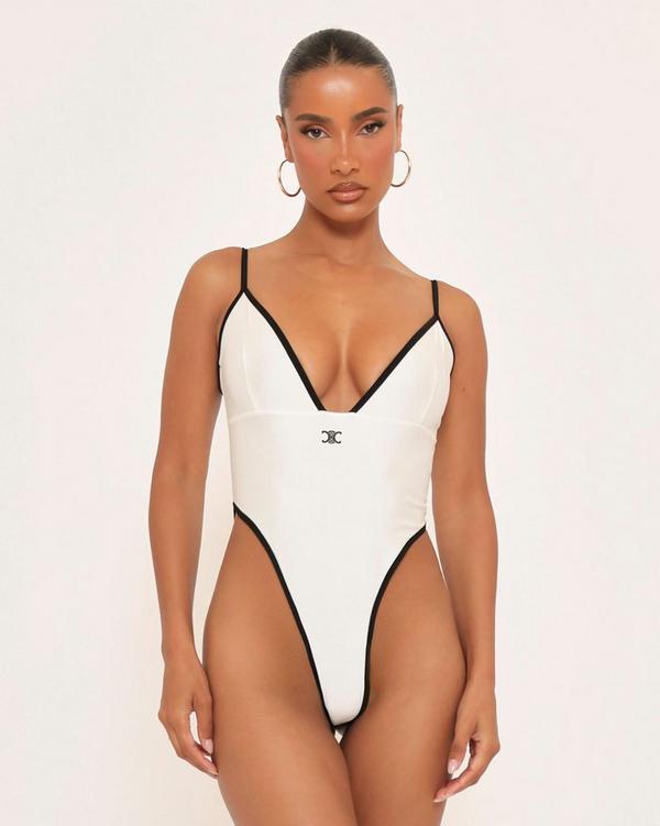 Plunge Front High Leg Contrast Trim Detail Logo Swimsuit In White