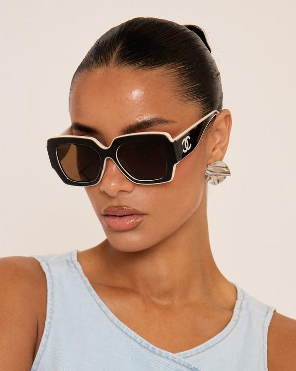 Side Logo Detail White Trim Oversized Sunglasses In Black And Nude