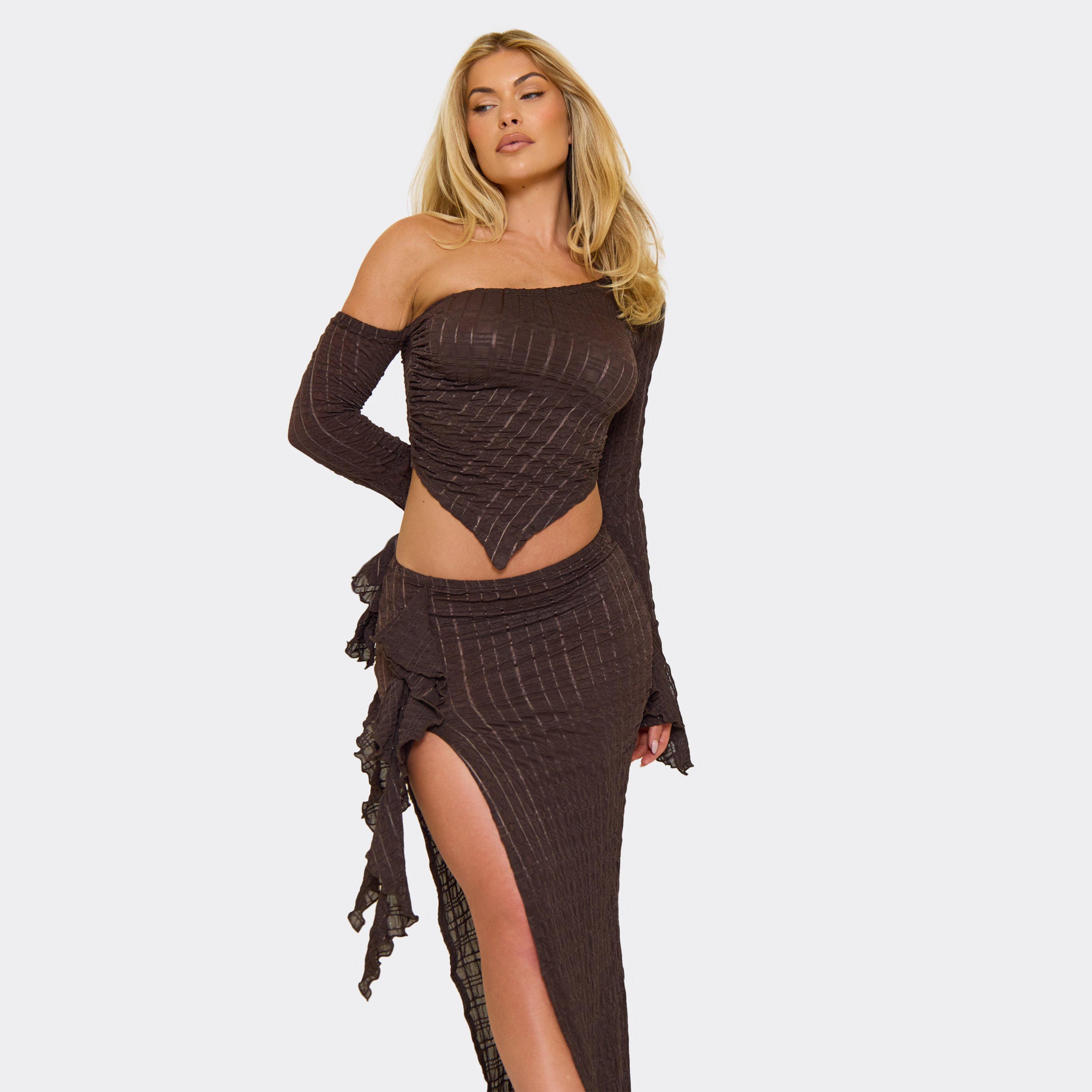Image of Long Frill Sleeve Asymmetric Top In Chocolate Textured, Women's