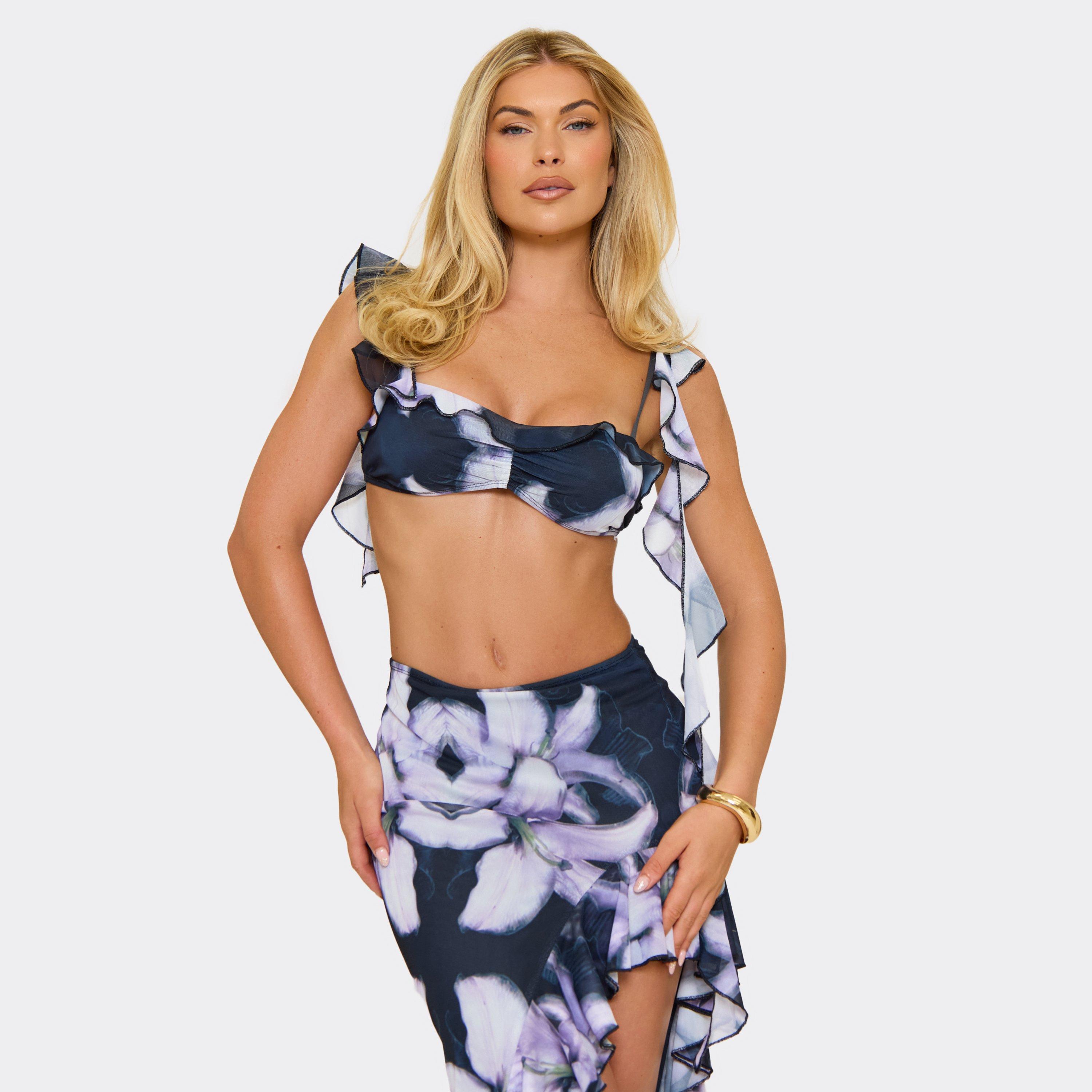 Frill Detail Ruched Bralet Top In Lilac Floral Print, Women's Size UK 10