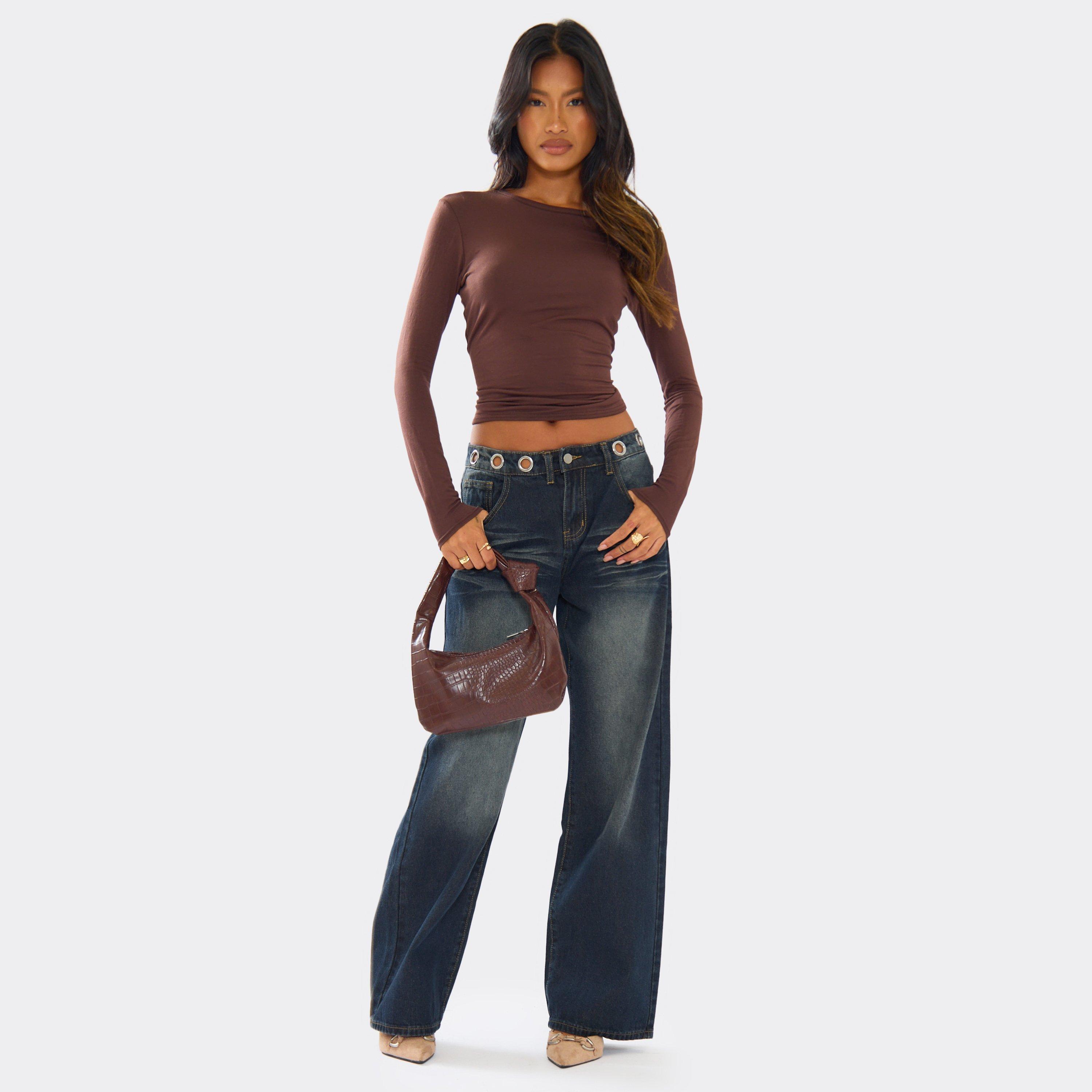 Image of Mid Rise Eyelet Detail Straight Leg Jeans In Dark Blue Wash, Women's