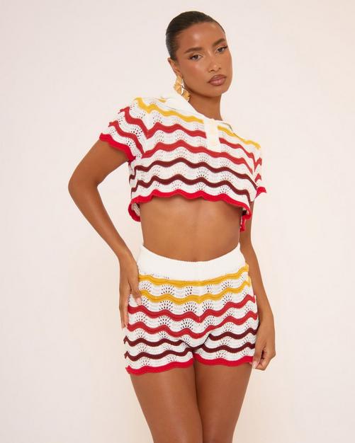 Short Sleeve Wave Stripe Detail Crop Top And High Waisted Shorts In Multi Crochet Knit
