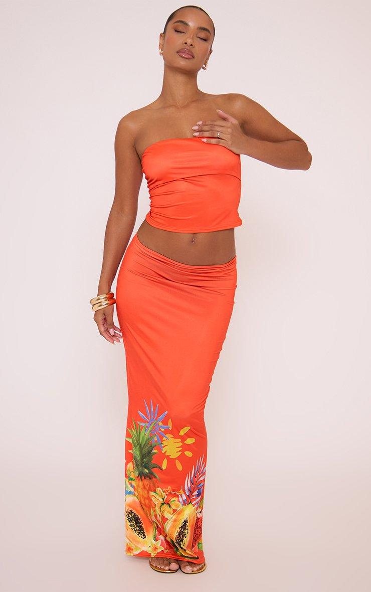 Low Rise Maxi Skirt In Orange Fruit Print Slinky