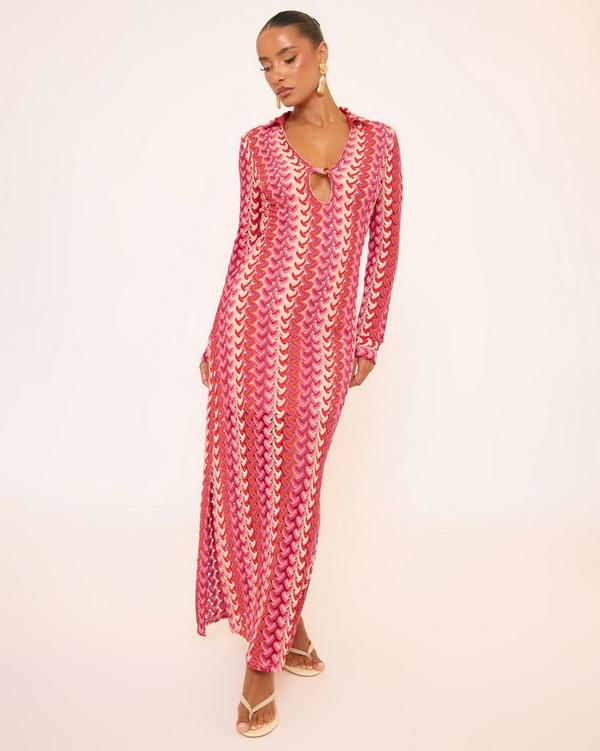 Long Sleeve Tie Detail Maxi Dress In Pink Abstract Crochet