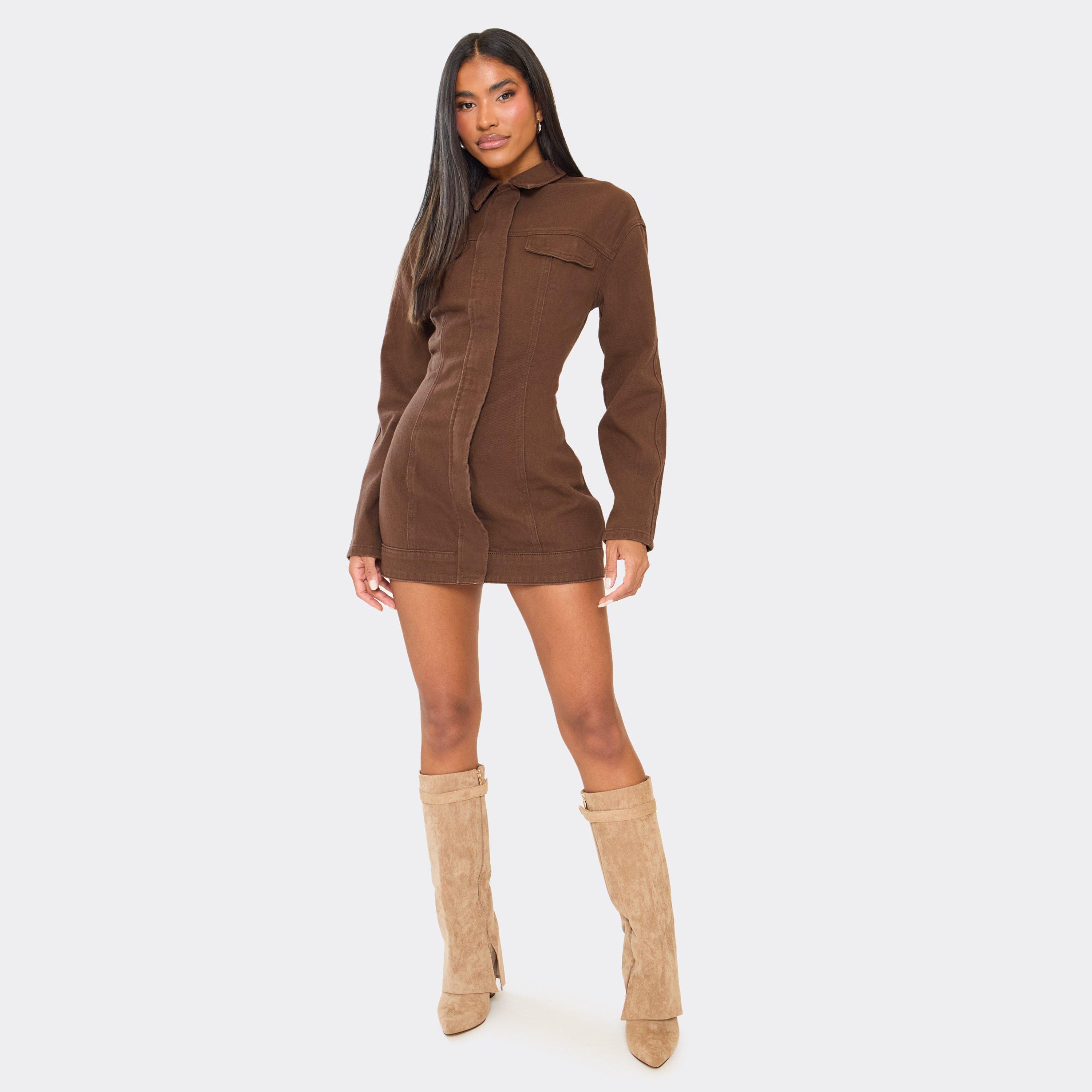 Long Sleeve Collared Cinch Waist Mini Dress In Chocolate Brown Denim, Women's Size UK 6