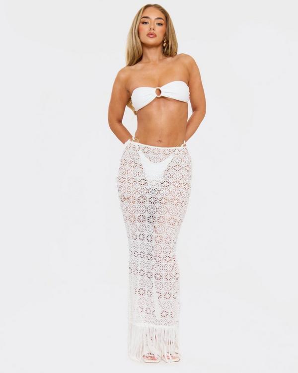 Mid Rise Tassel Trim Maxi Skirt In White Crochet