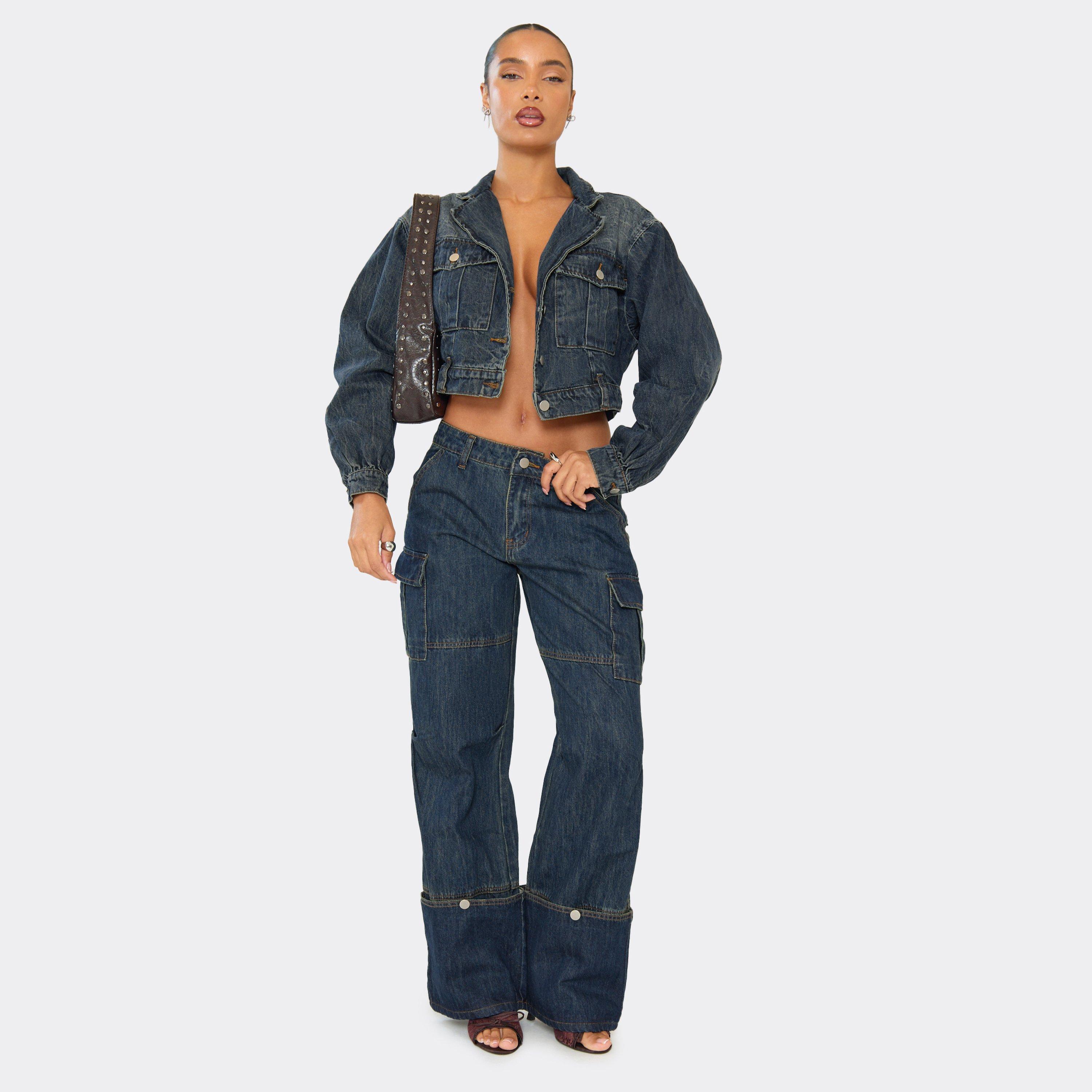 Image of Panel Detail Tapered Jeans In Dark Washed Blue Denim, Women's