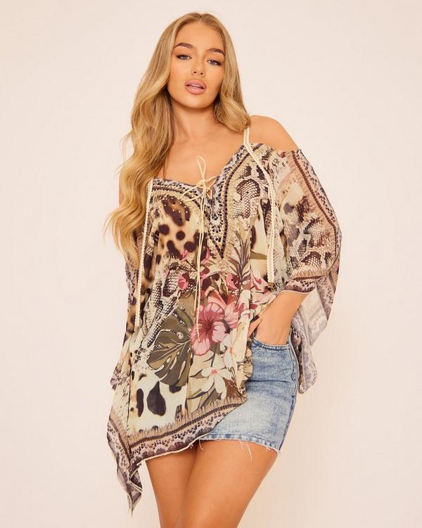Strappy Floaty Top In Brown Animal Print