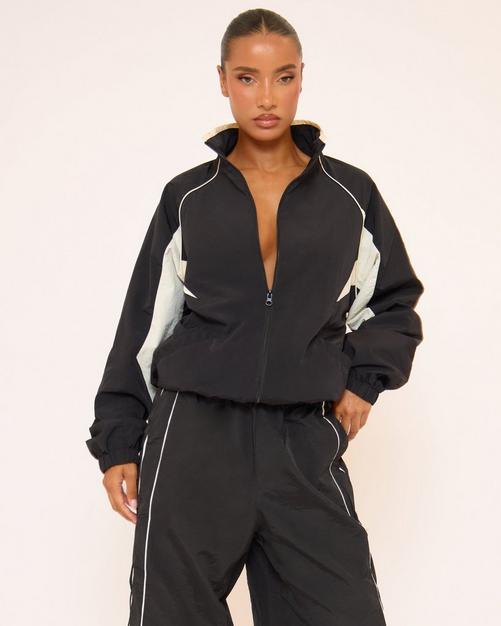 Long Sleeve High Neck Contrast Shell Oversized Jacket In Black