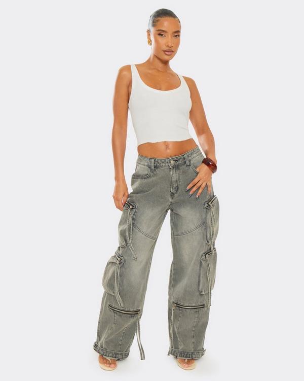 Low Rise Zip Pocket Detail Cargo Wide Leg Jeans In Vintage Grey Wash Denim