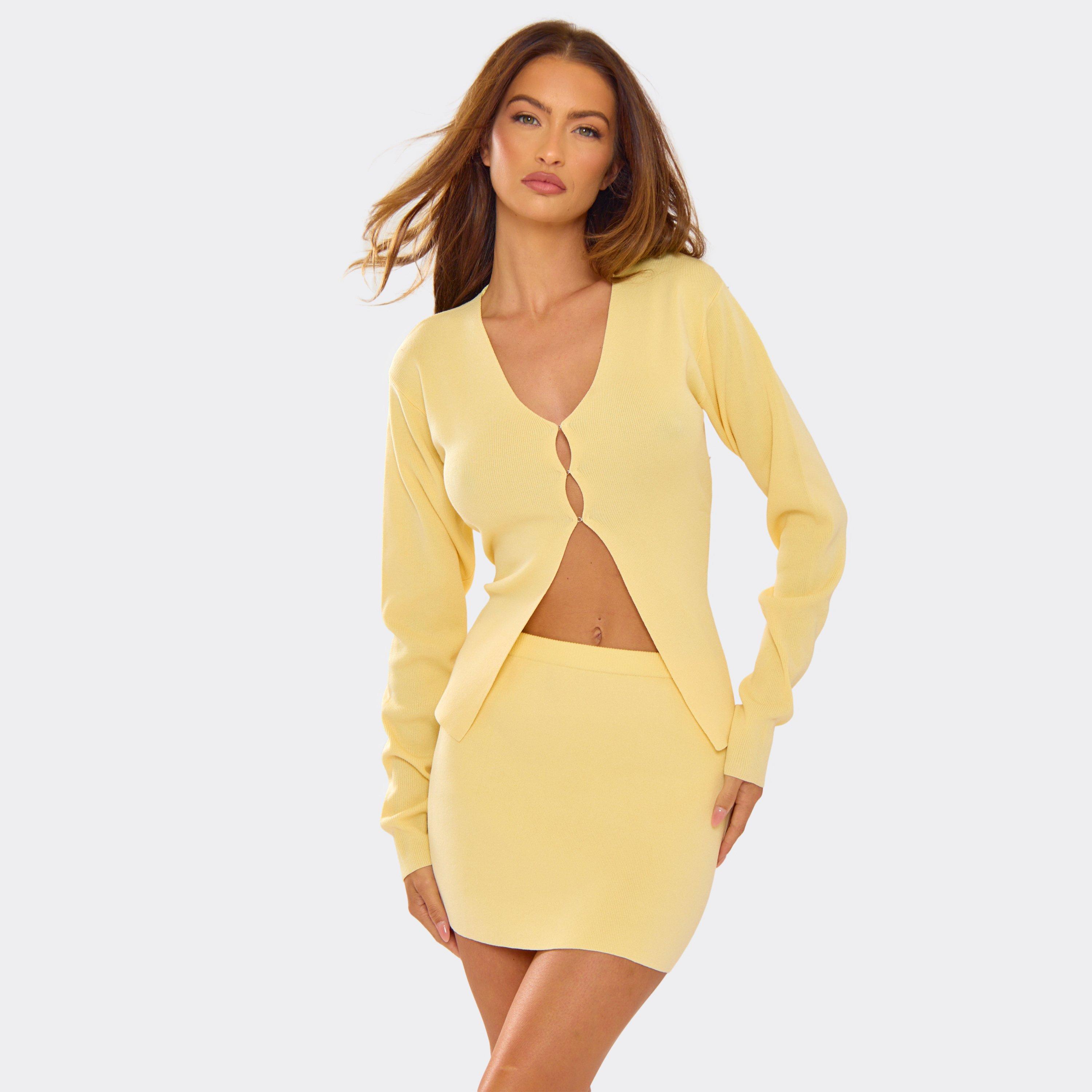 Long Sleeve Split Hem Cardigan In Yellow Knit, Women’s