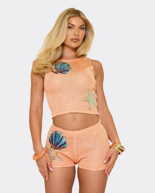 Sleeveless Shell Applique Detail Crop Top In Orange Glitter Knit