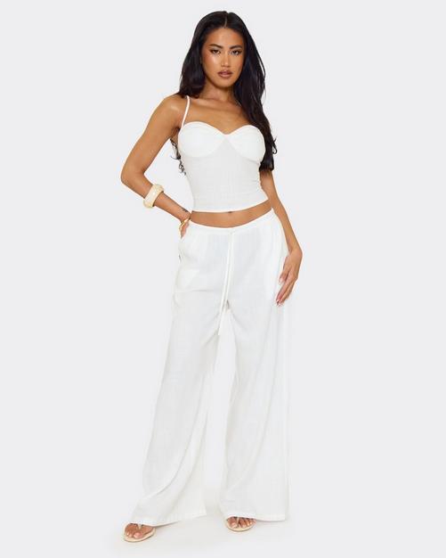 Drawstring Front Pocket Detail Wide Leg Trousers In White Linen