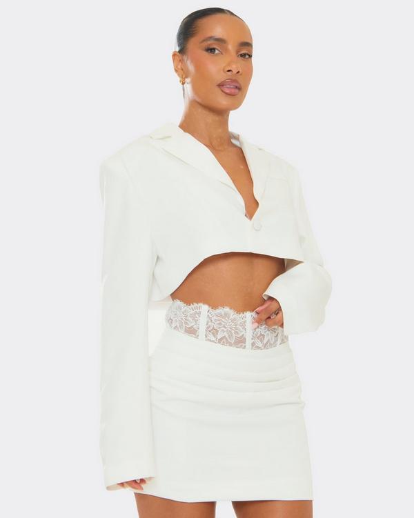 Long Sleeve Cropped Tailored Blazer In White