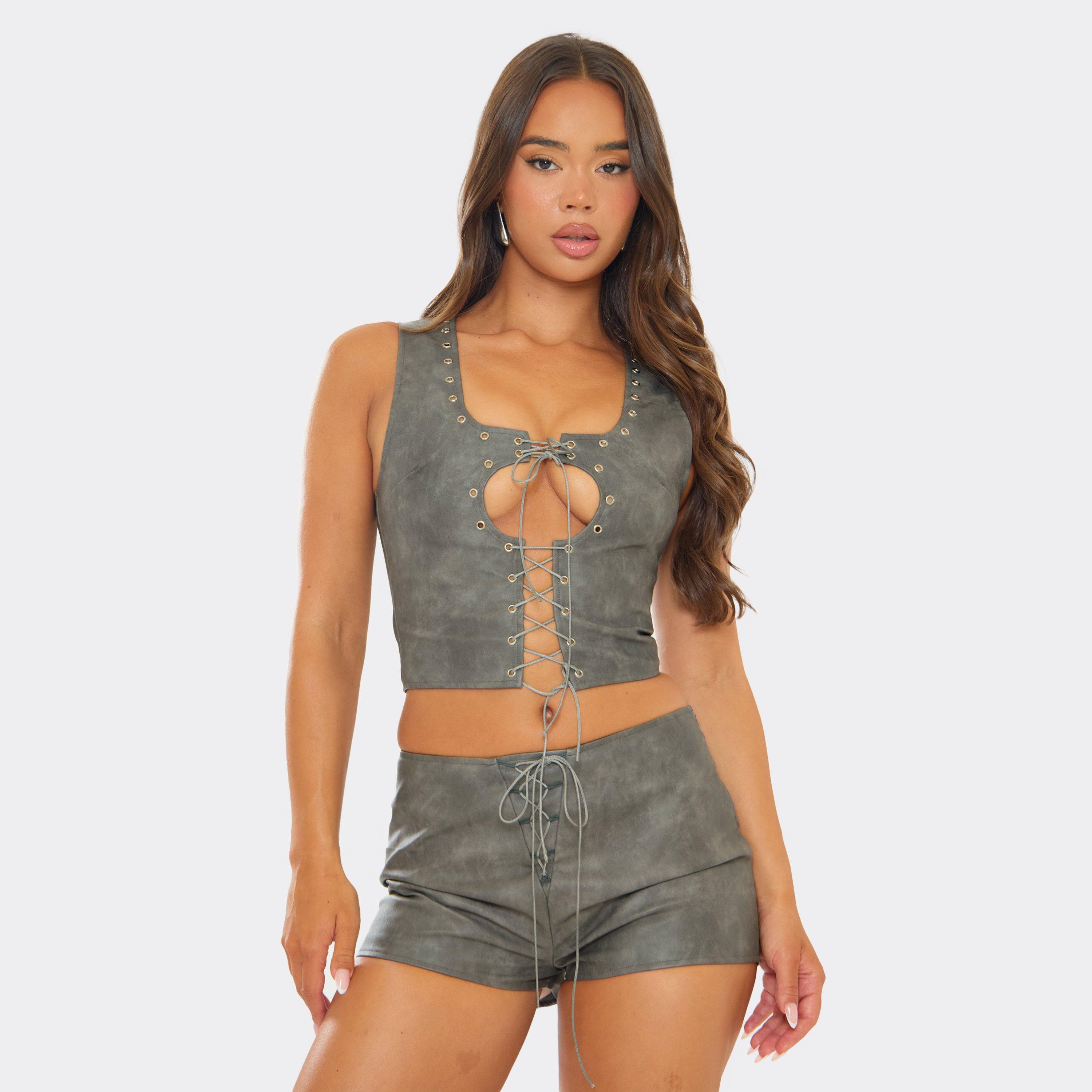 Square Neck Eyelet Lace Up Detail Top In Grey Faux Leather, Women's Size UK 10