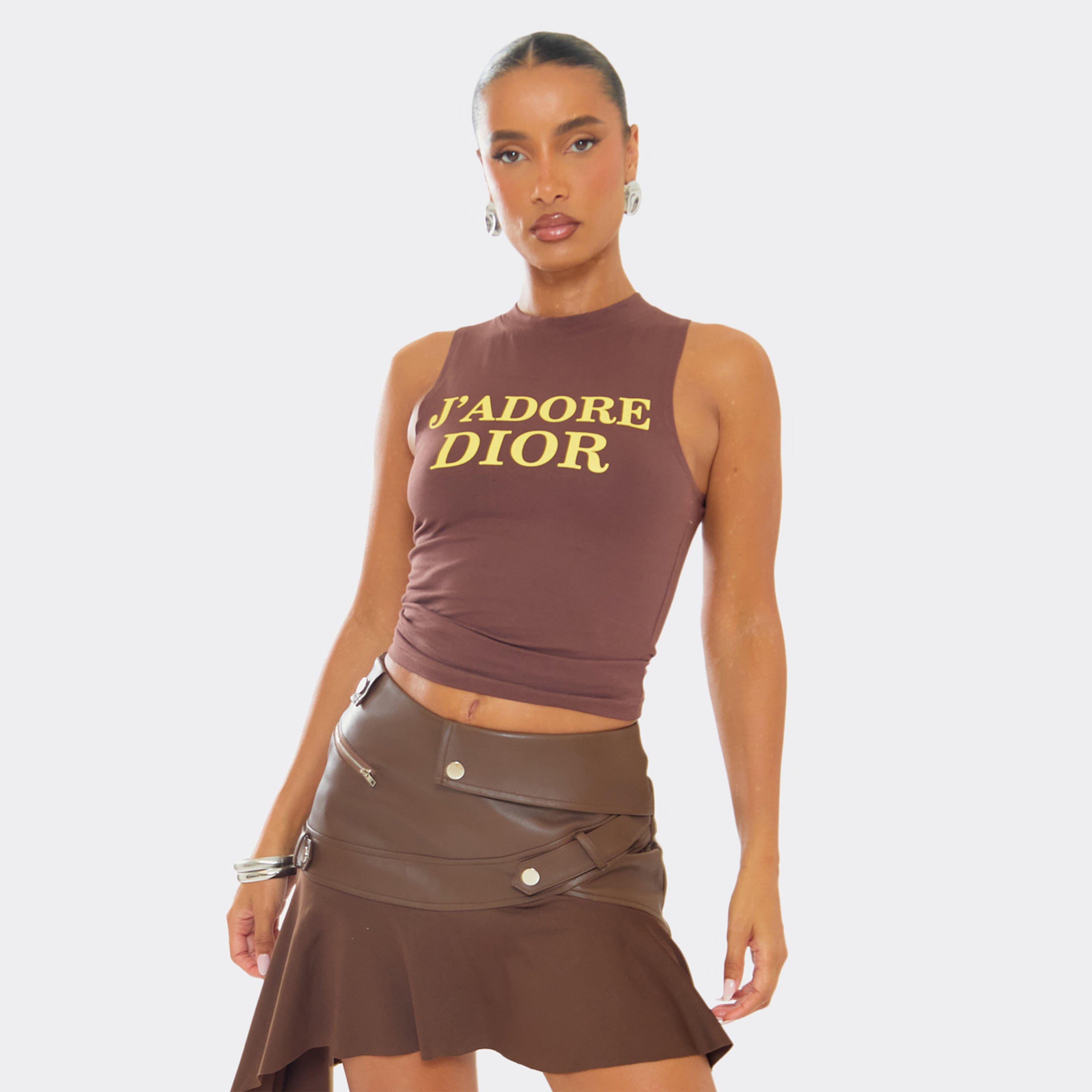 Mid Rise Asymmetric Frill Hem Detail Mini Skirt In Brown Faux Leather, Women’s