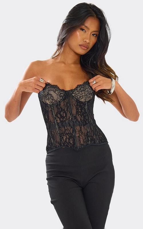 Strappy Structured Underwire Detail Corset Top In Black Lace | EGO