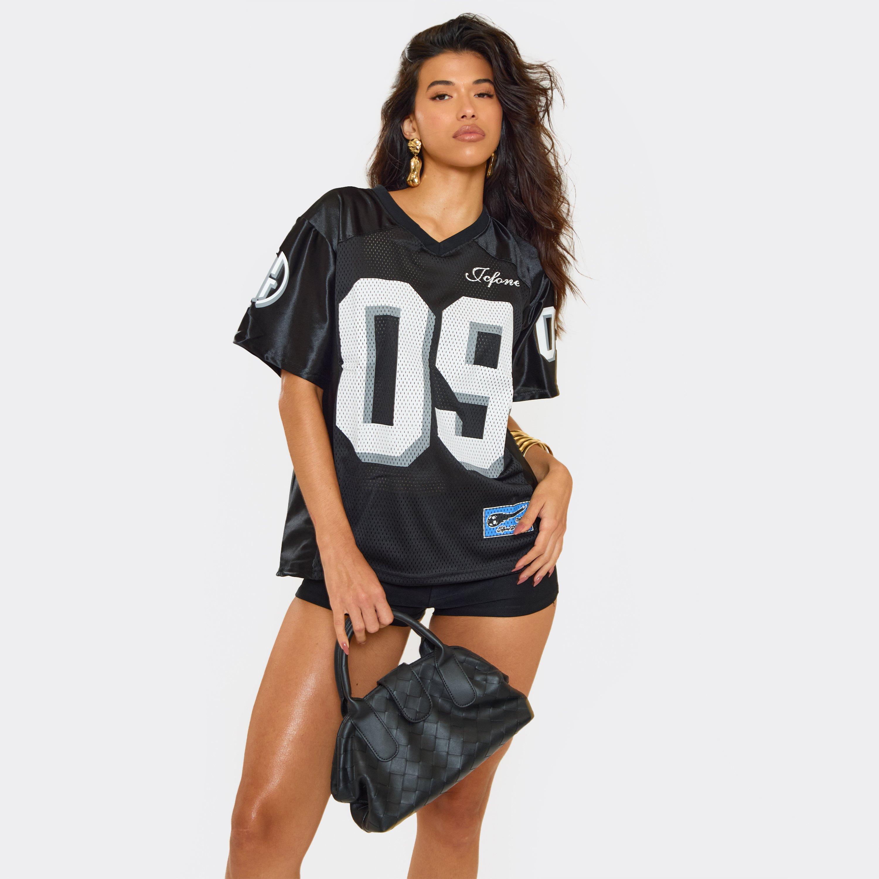 Image of Short Sleeve Contrast Trim Detail Football Varsity Top In Black, Women's Size UK M