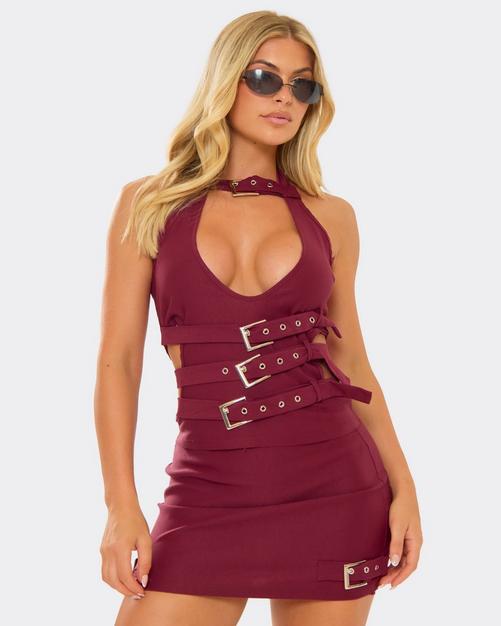 Halterneck Plunge Belt Detail Top In Burgundy Red