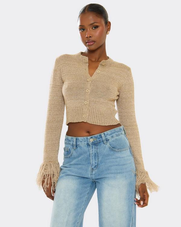 Long Sleeve Tassel Cuff Button Down Cardigan In Stone