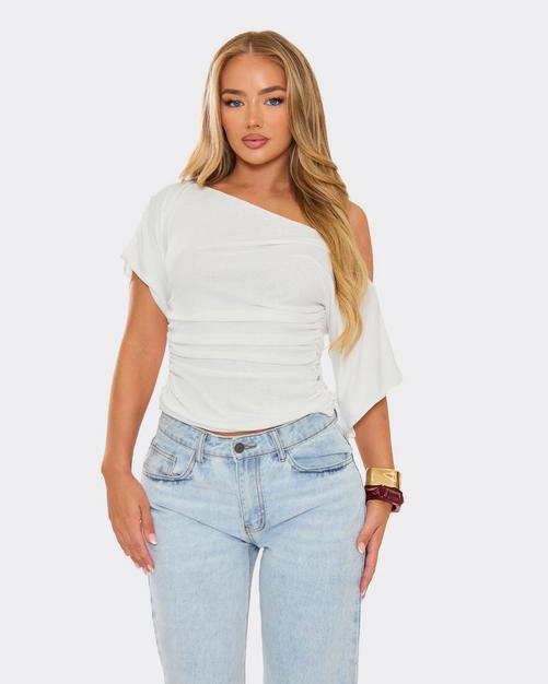Slash Neck Ruched Detail T-Shirt In White