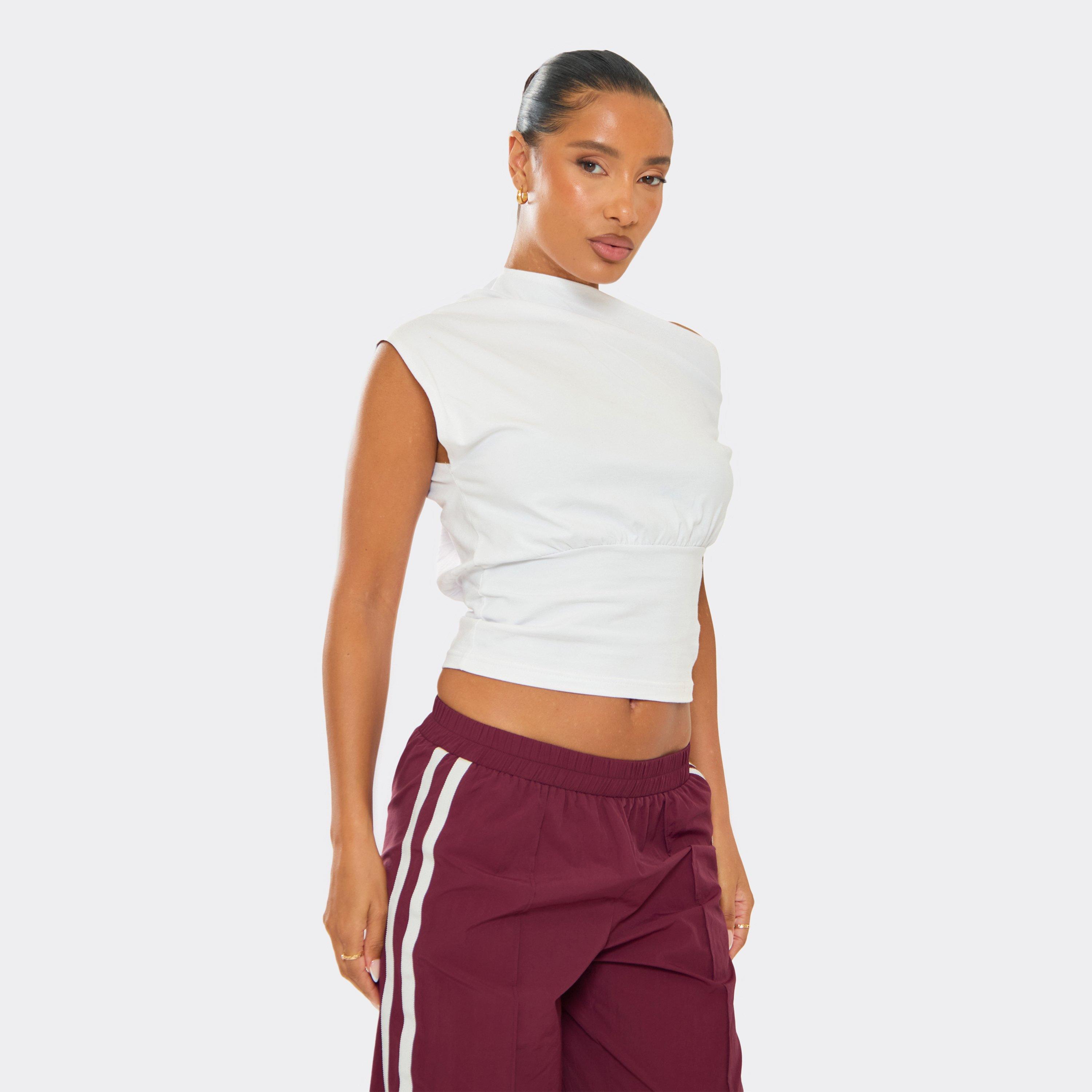 Image of Slash Neck Cinched Waist Detail T-Shirt In White, Women's